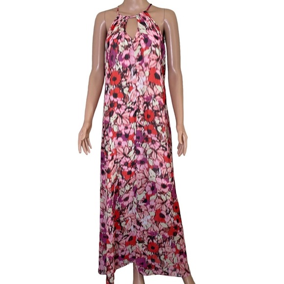 Maggy London dress Watercolor Floral pink Maxi lightweight halter neckline SZ 6 - Picture 3 of 8